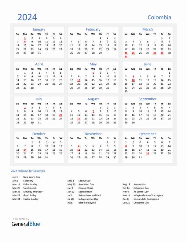 Colombia calendar with holidays