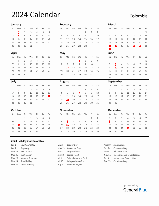 Colombia calendar with holidays