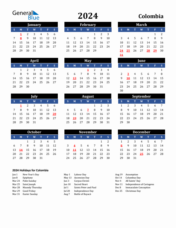 Colombia calendar with holidays