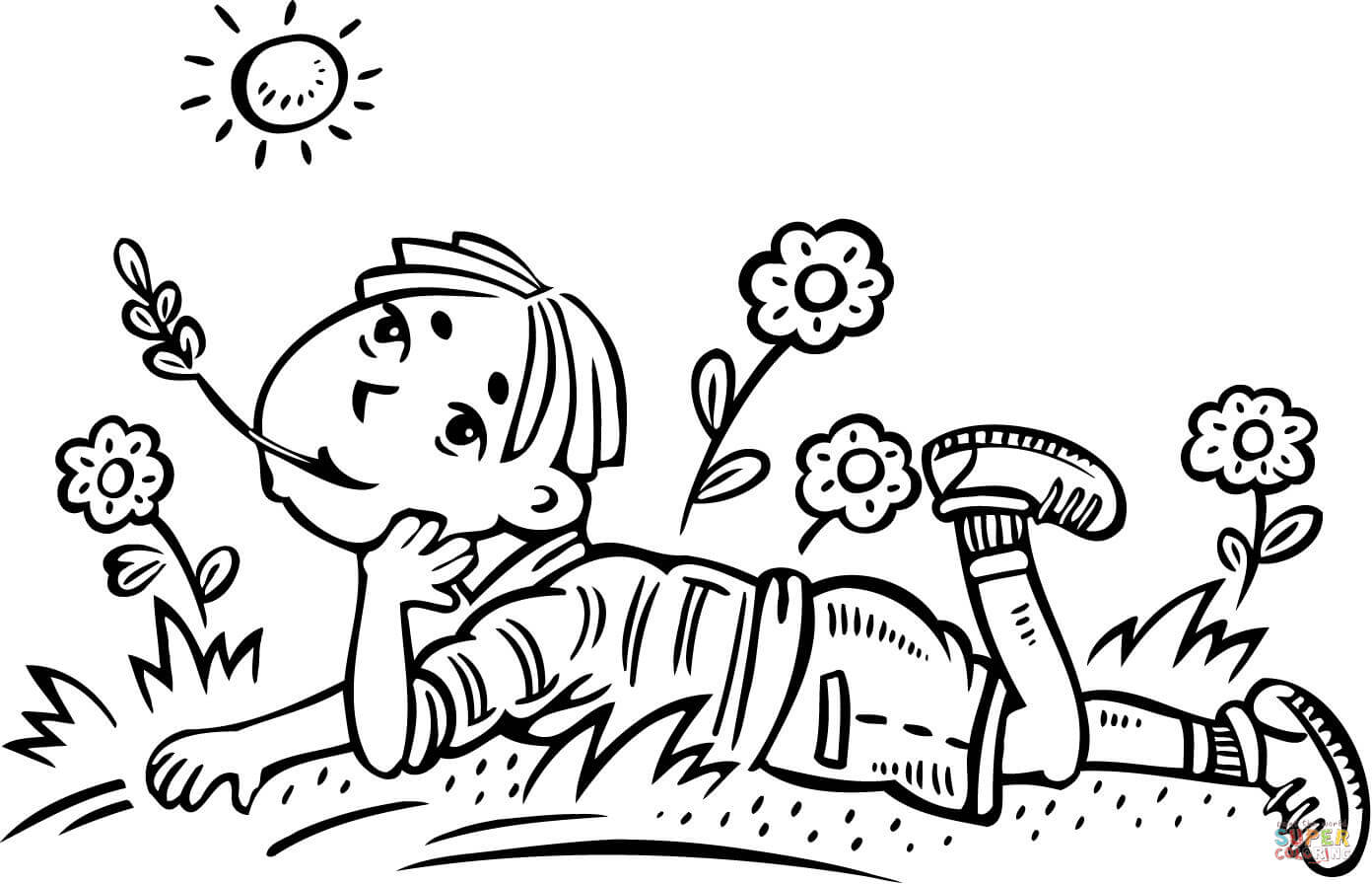 Boy daydreaming in a field coloring page free printable coloring pages