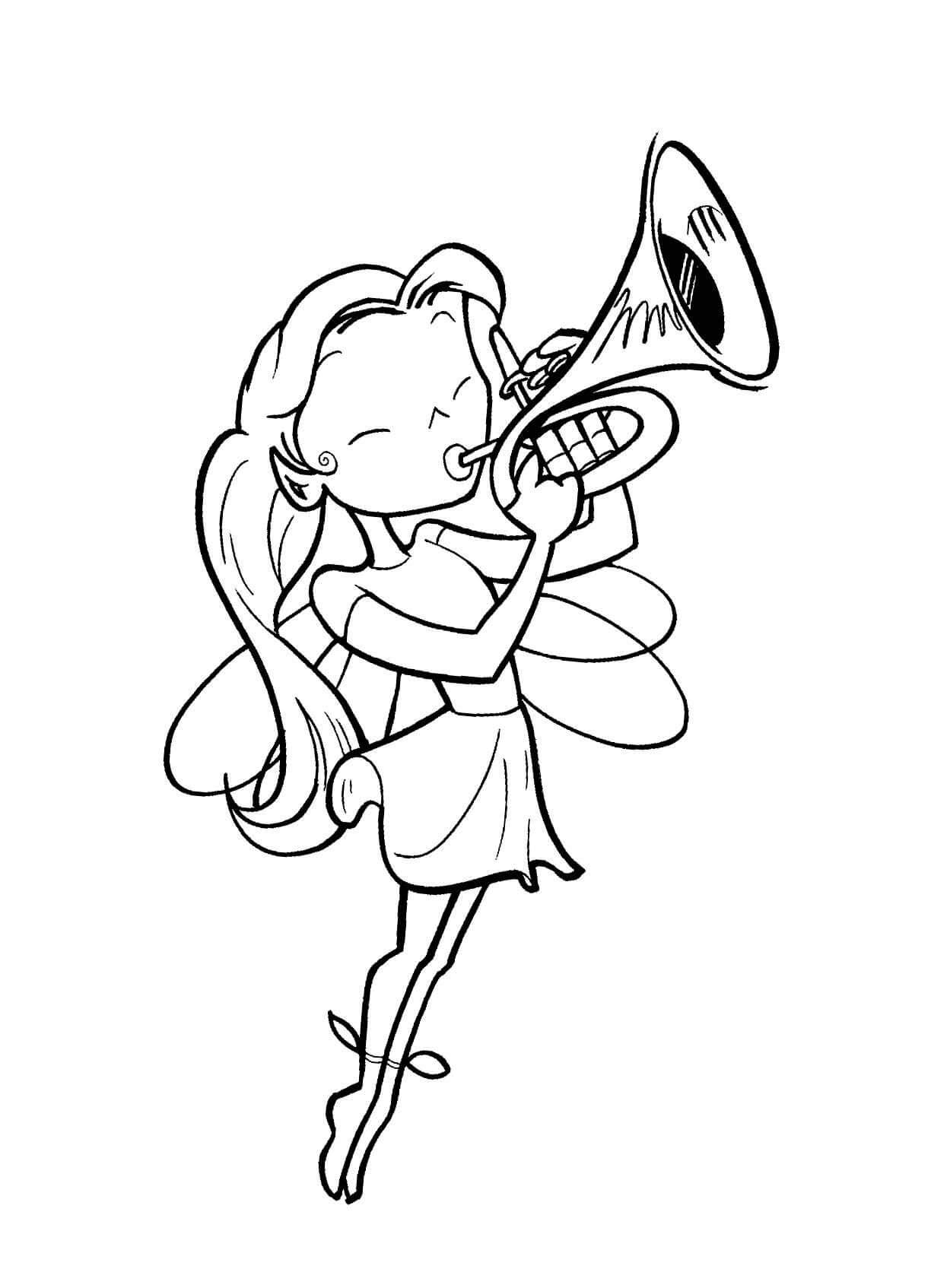 Fairy playing the trumpet coloring page