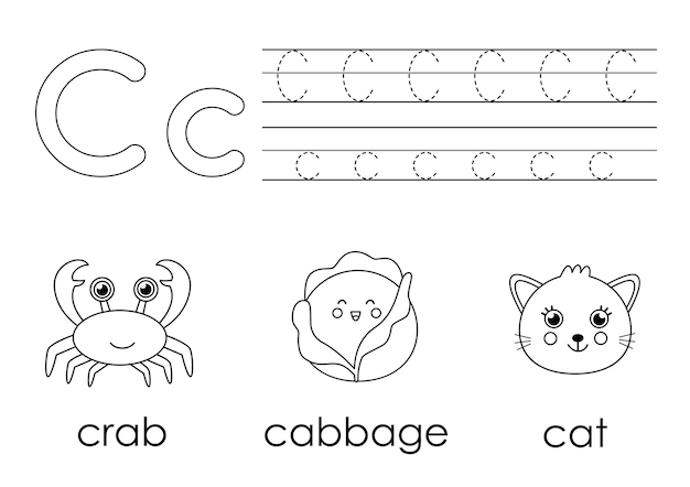 Premium vector learning english alphabet for kids letter c coloring book