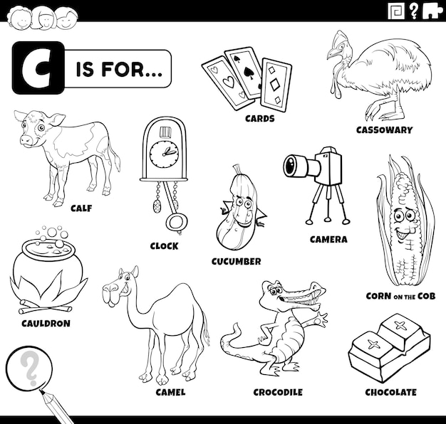 Premium vector cartoon characters and objects starting with letter c set coloring book page