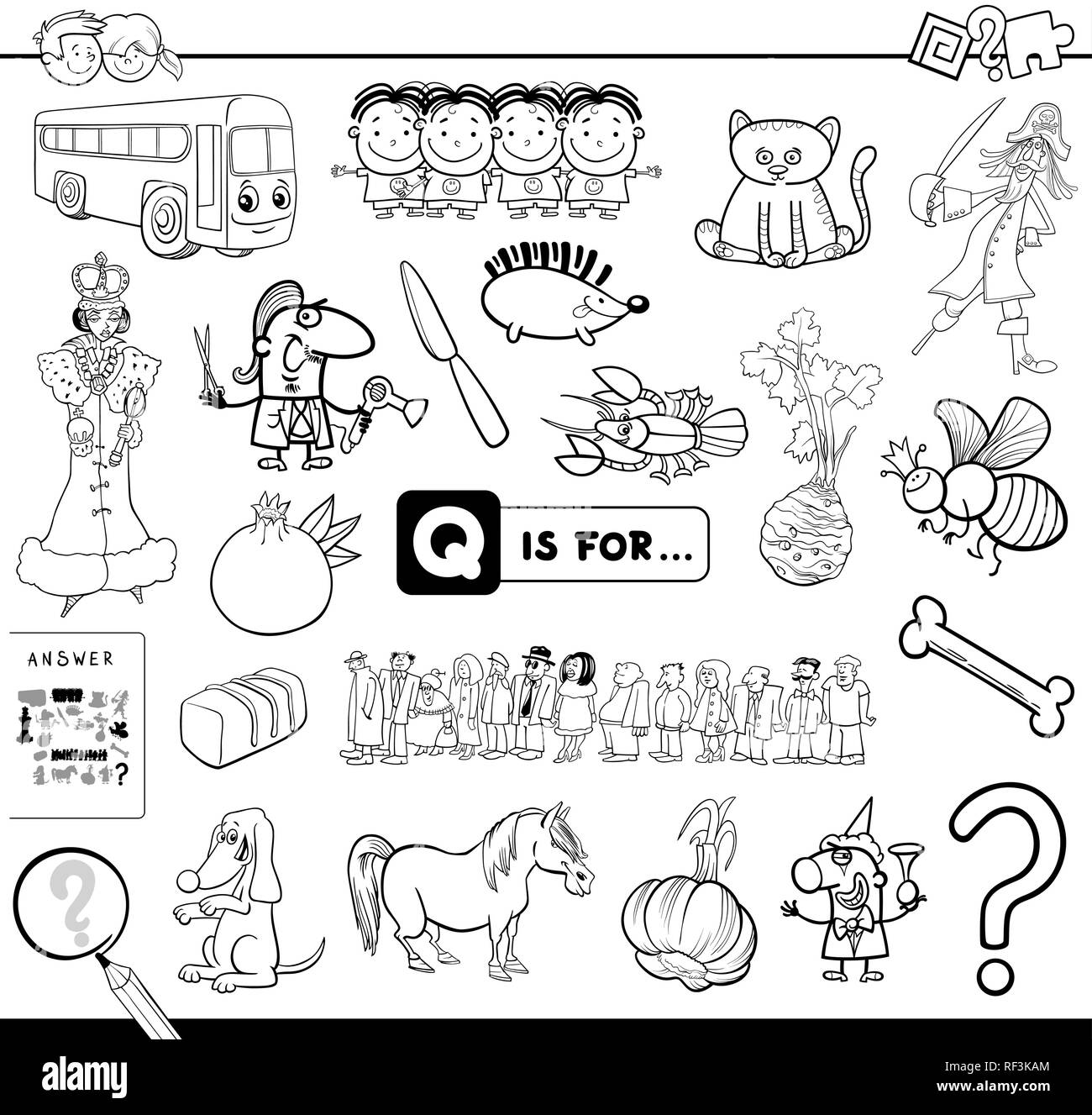 Black and white cartoon illustration of finding picture starting with letter q educational game workbook for children coloring book stock vector image art