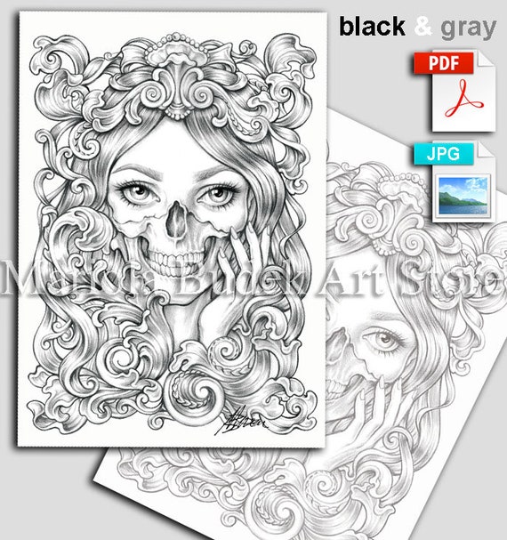 Skull mariola budek premium coloring page printable adult colouring pages book instant download grayscale illustration pdf download now
