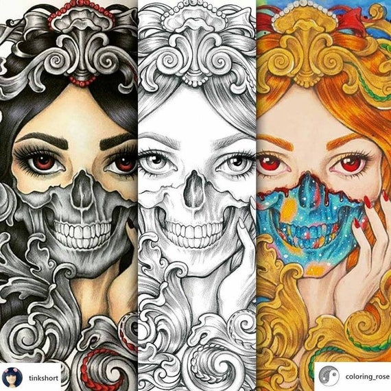 Skull mariola budek premium coloring page printable adult colouring pages book instant download grayscale illustration pdf download now