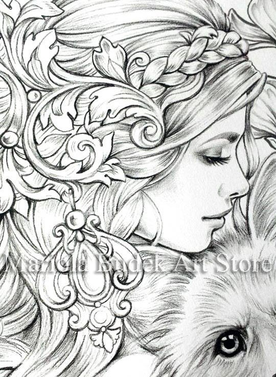 Cute beast mariola budek premium coloring page printable adult colouring pages book instant download grayscale illustration pdf