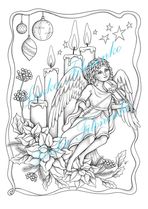 Dibujo para colorear para adultos ãngel navideão vintage con violãn escala de grises descargar e imprimir en pdf