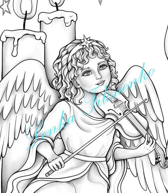 Dibujo para colorear para adultos ãngel navideão vintage con violãn escala de grises descargar e imprimir en pdf