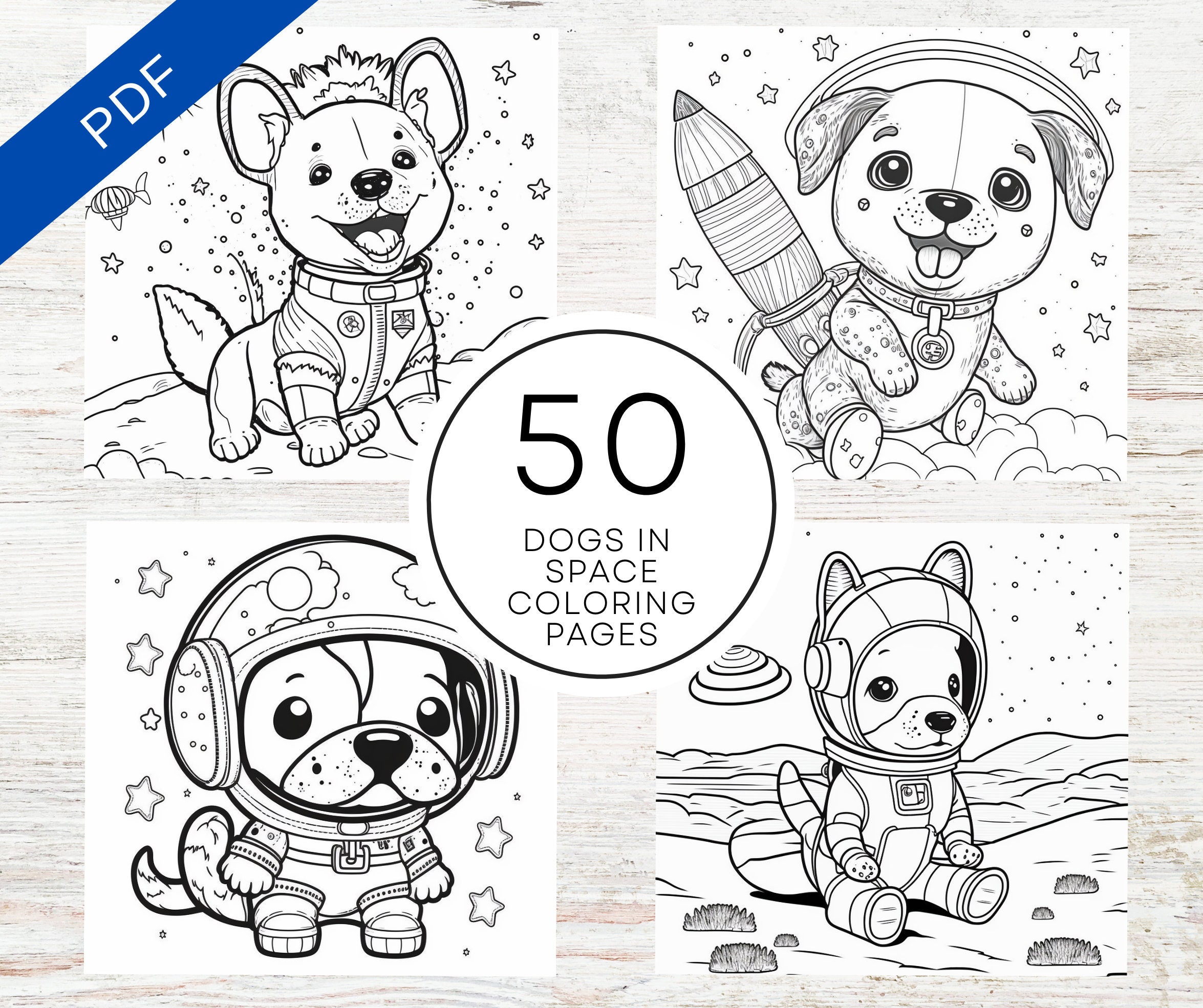 Kdp interior dogs in space coloring pages x printable pdf kids teens adult puppy astronaut coloring book activity book instant download