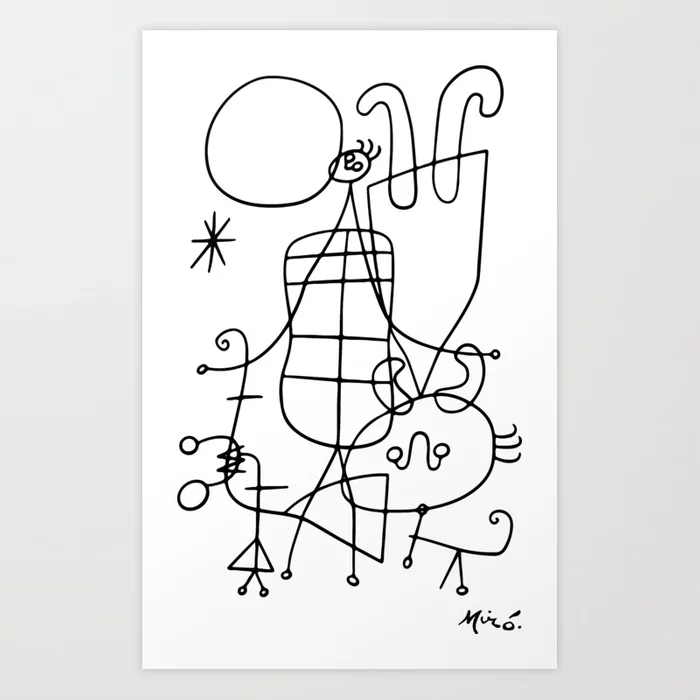 Joan miro figures and dog in front of the sun sketch artwork men women kids prints poste art print art prints mini art joan miro