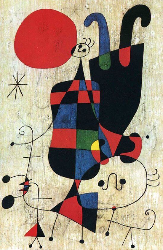 Figures and dog in front of the sun joan mirã brilliance