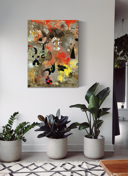 Painting figures and dog in front of the sun by joan miro print from art reproductions