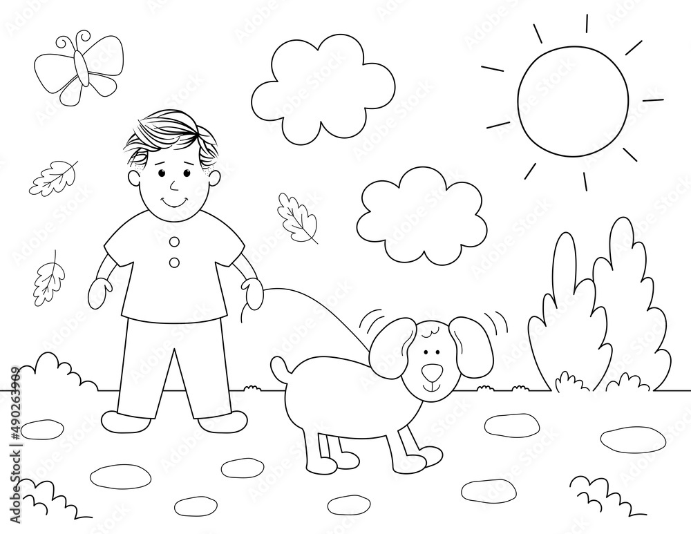 Coloring page of a boy walking with his dog cute black and white design with clouds