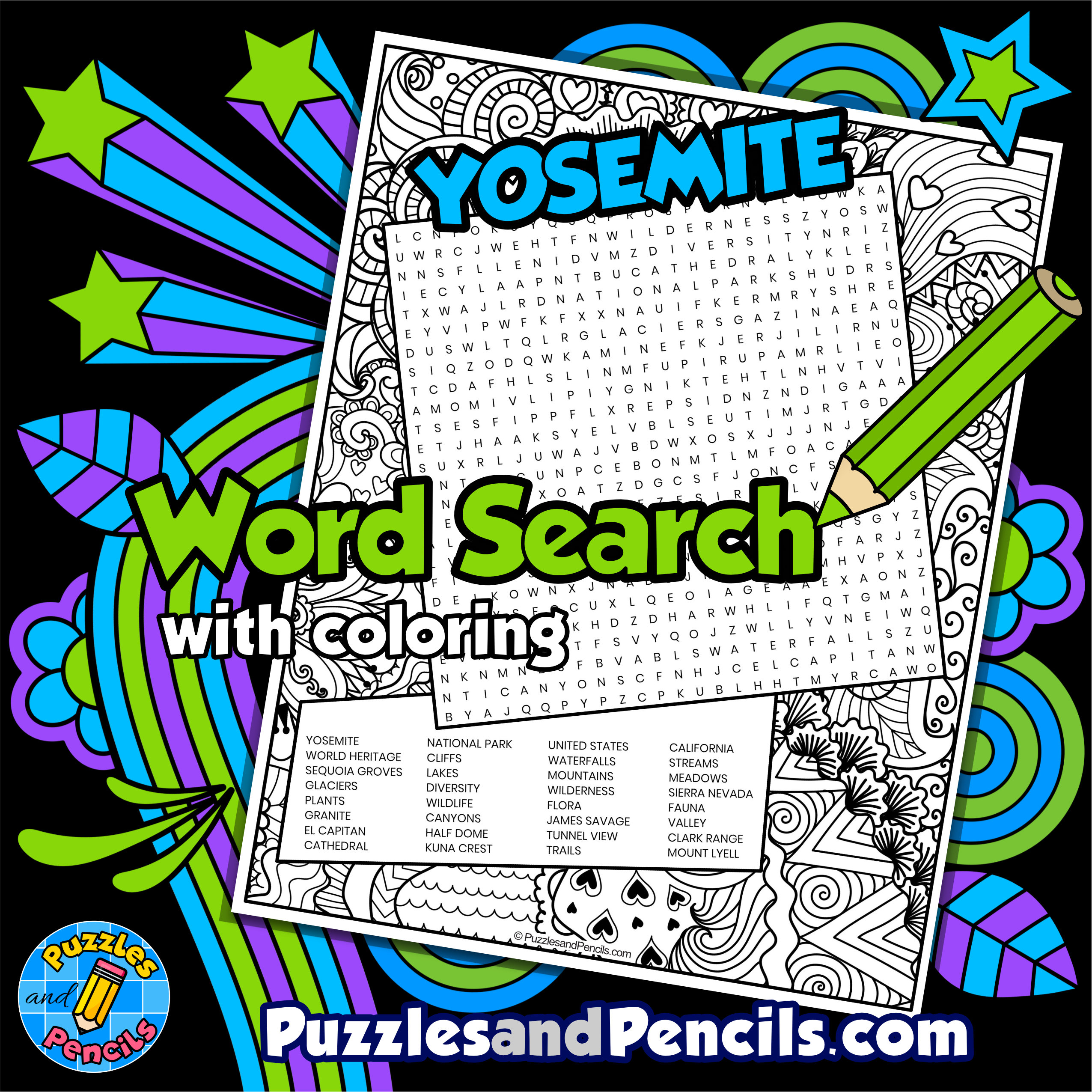 Yosemite national park word search puzzle with coloring wordsearch made by teachers