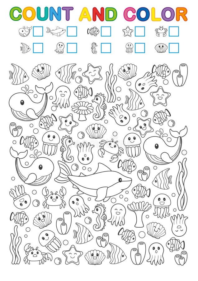 Math exercises for the study of numbers find count and color printable worksheet for kindergarten and a preschool institution stock vector