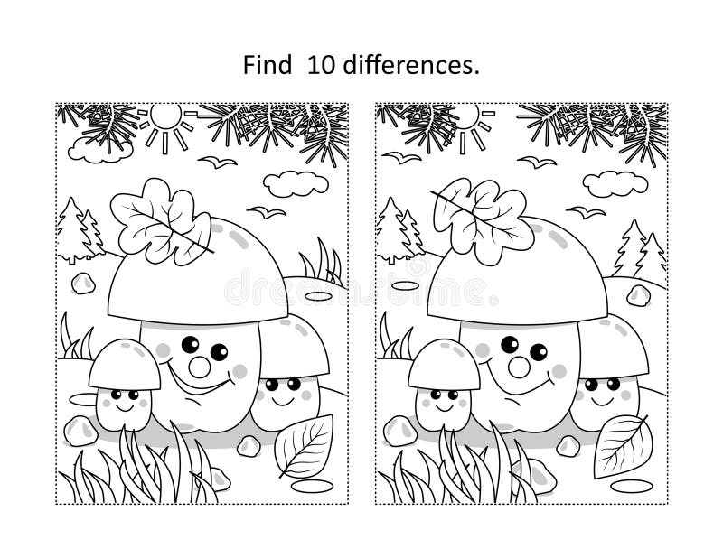 Three mushrooms find the differences picture puzzle and coloring page stock vector