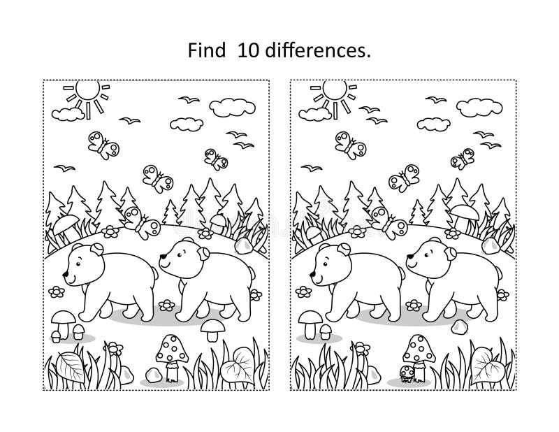 Two bear cubs find the differences picture puzzle and coloring page stock vector