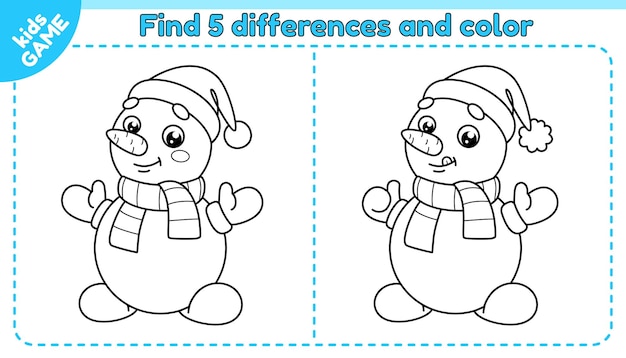Premium vector game find differences and color snowman in scarf