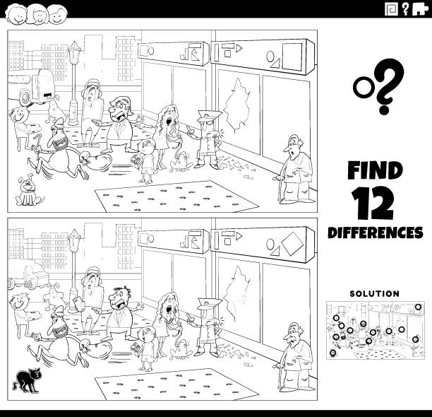 Differences game with situation in the city coloring page stock illustration