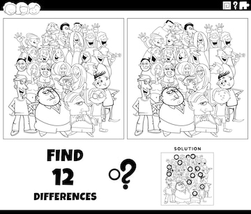 Premium vector black and white cartoon illustration of finding the differences between pictures educational activity with funny people characters crowd coloring page