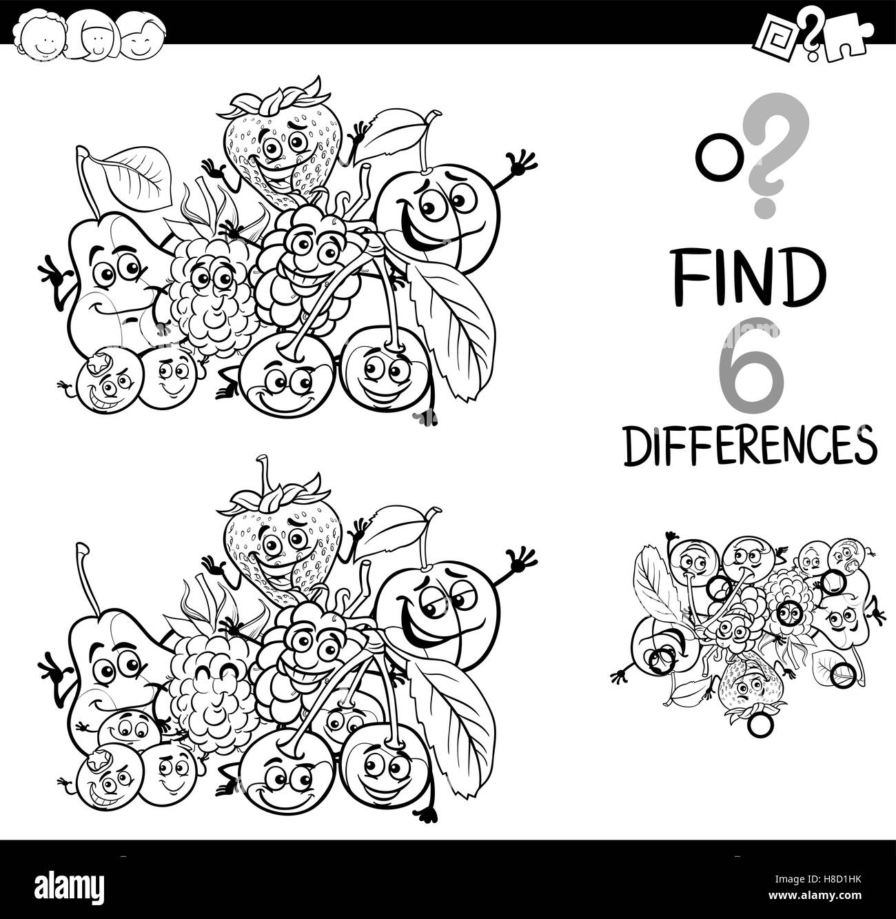 Black and white cartoon illustration of finding the difference educational activity for children with fruit characters coloring stock vector image art