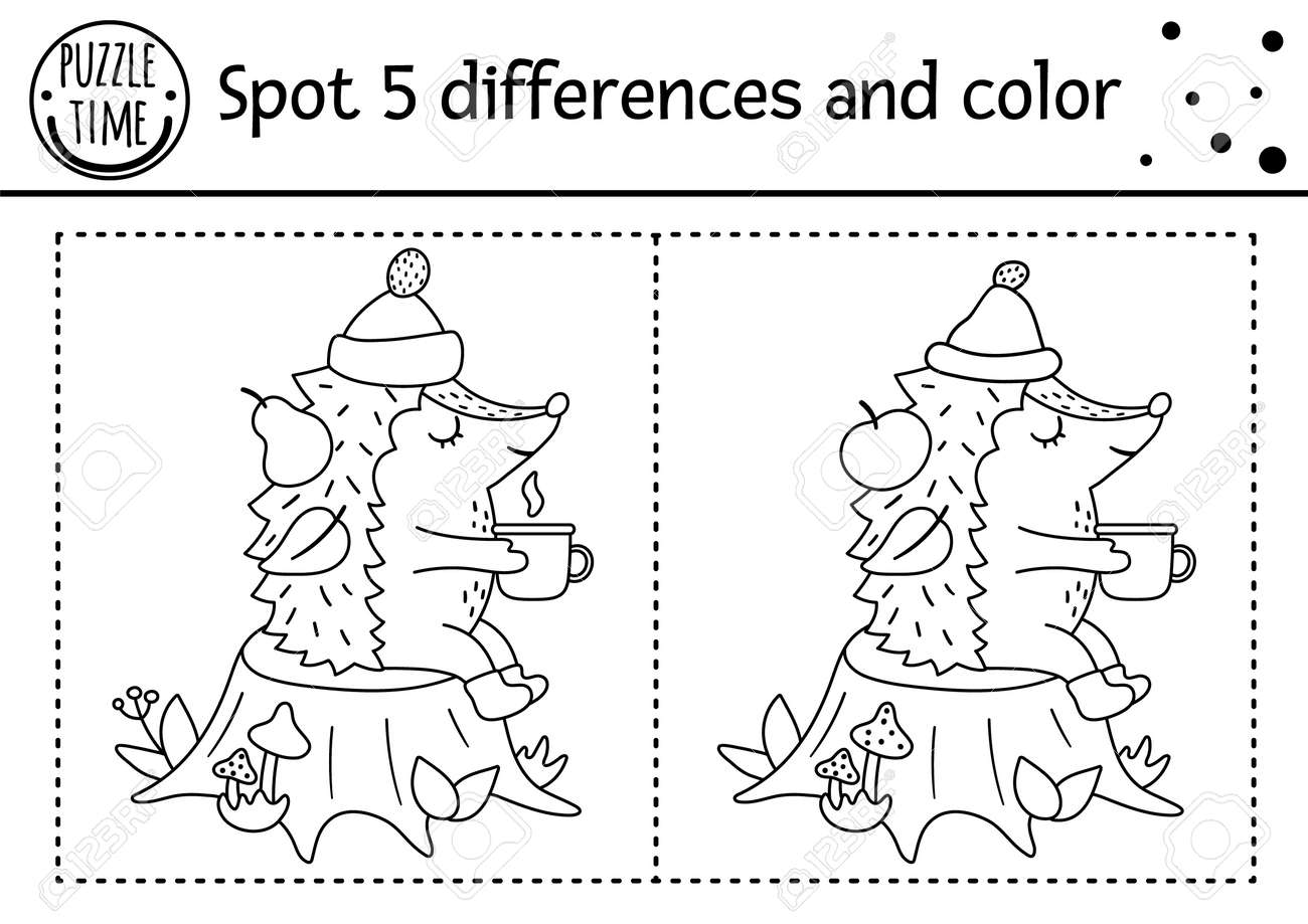 Autumn find differences game for children black and white educational activity and coloring page with hedgehog sitting on a stump with mug fall season printable worksheet with cute forest animal royalty free