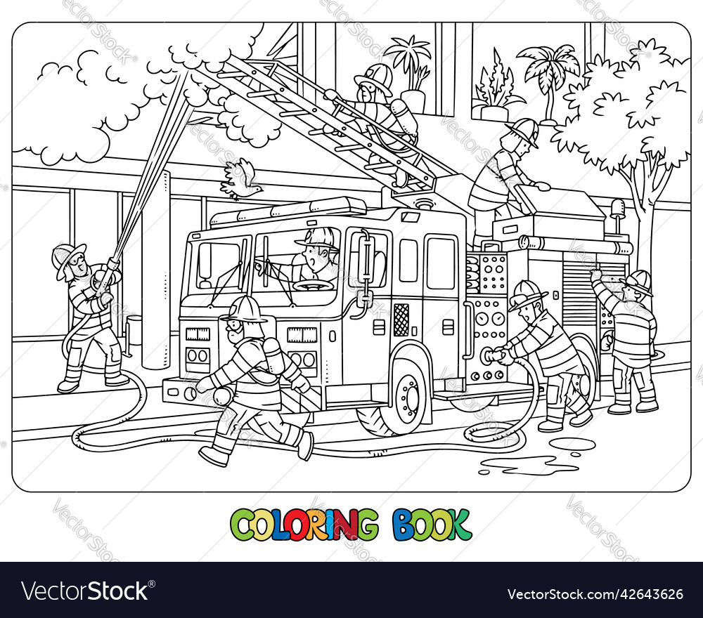 Firefighters near a fire truck coloring book vector image