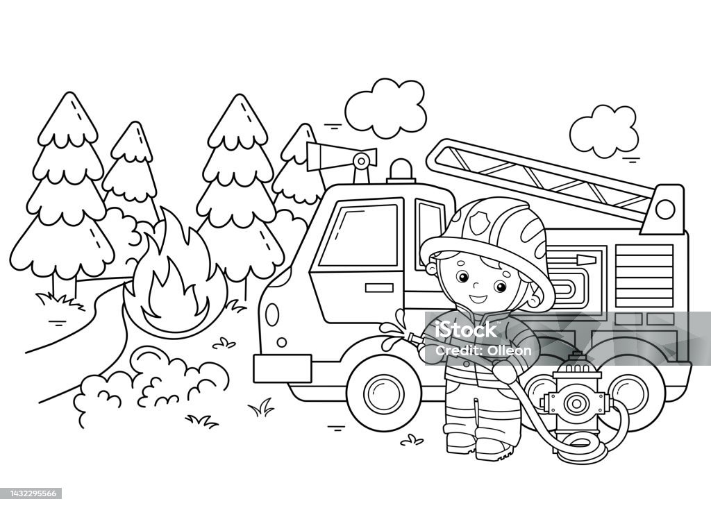 Coloring page outline of cartoon fire truck with fireman or firefighter fire fighting professional transport coloring book for kids stock illustration