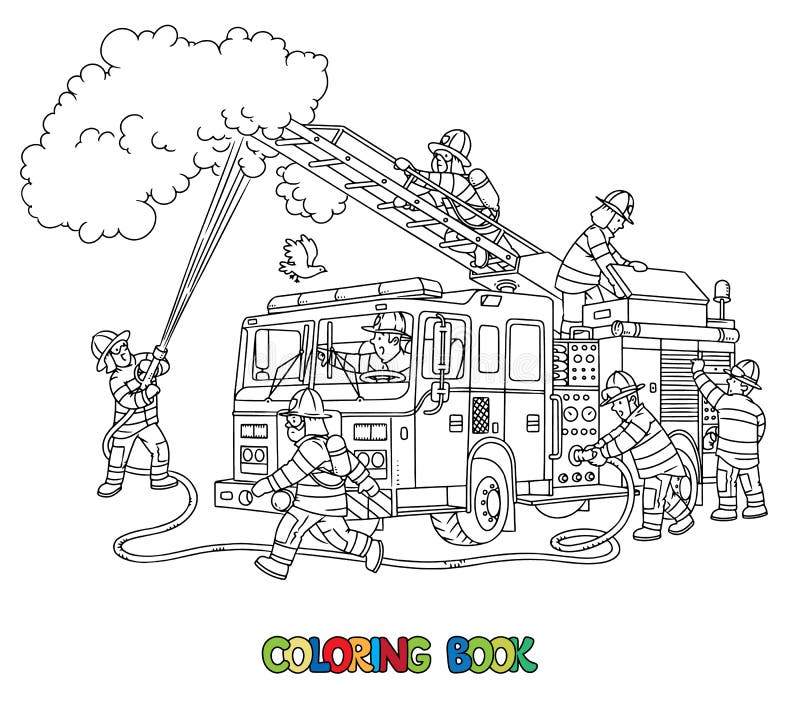 Firefighters extinguish a fire next to a fire truck coloring book stock illustration