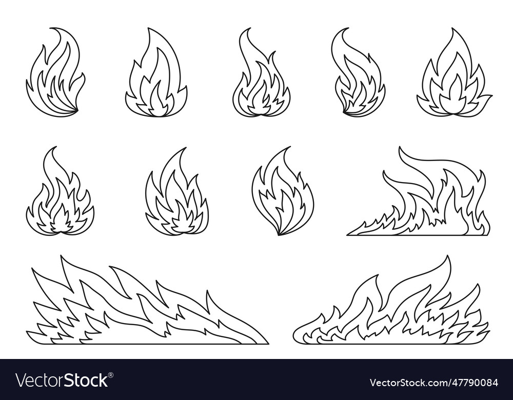 Flame fire line coloring book blaze campfire set vector image