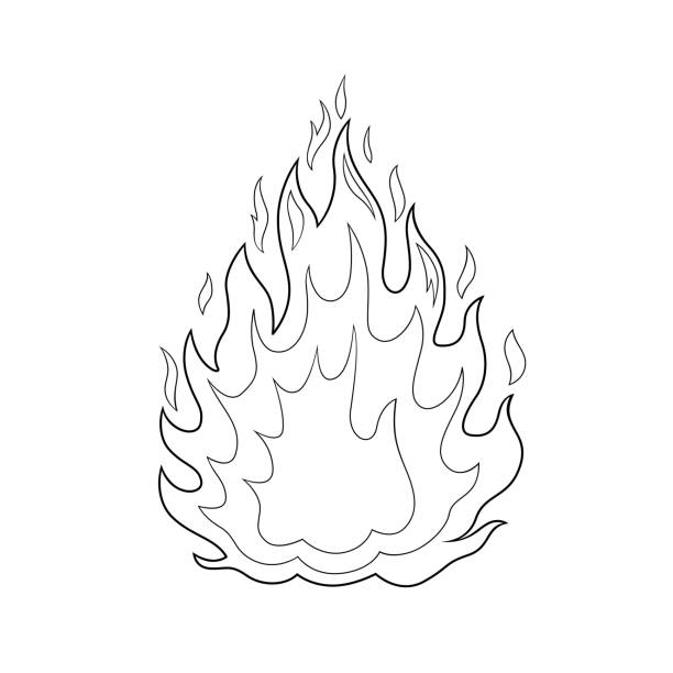 Black and white vector illustration of a childrens activity coloring book page with pictures of nature fire stock illustration