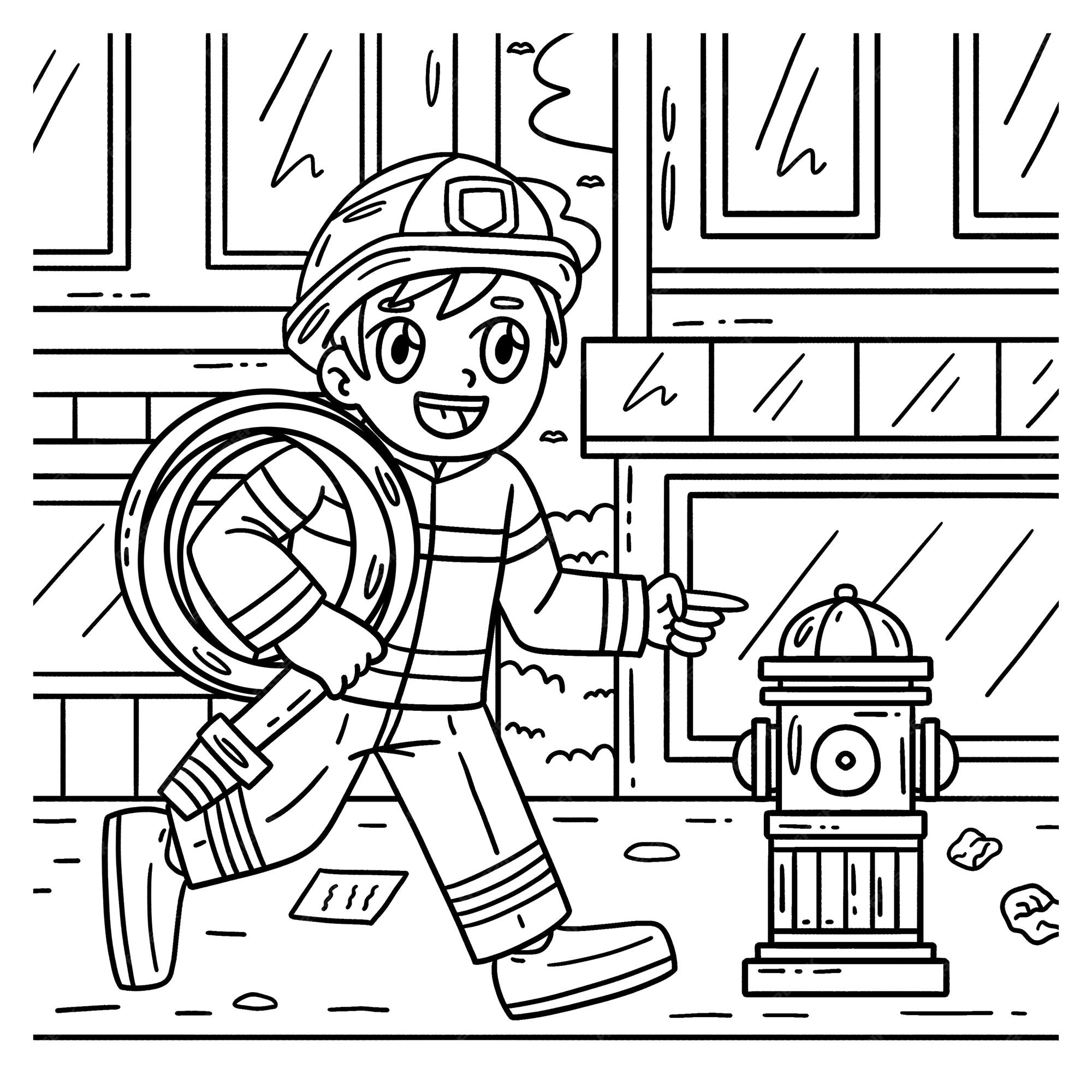 Premium vector a cute and funny coloring page of a firefighter and fire hydrant provides hours of coloring fun for children to color this page is very easy suitable for little