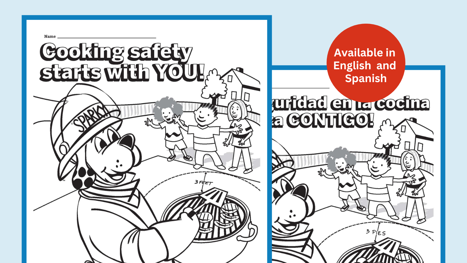 Cooking safety coloring page english and spanish sparky school house