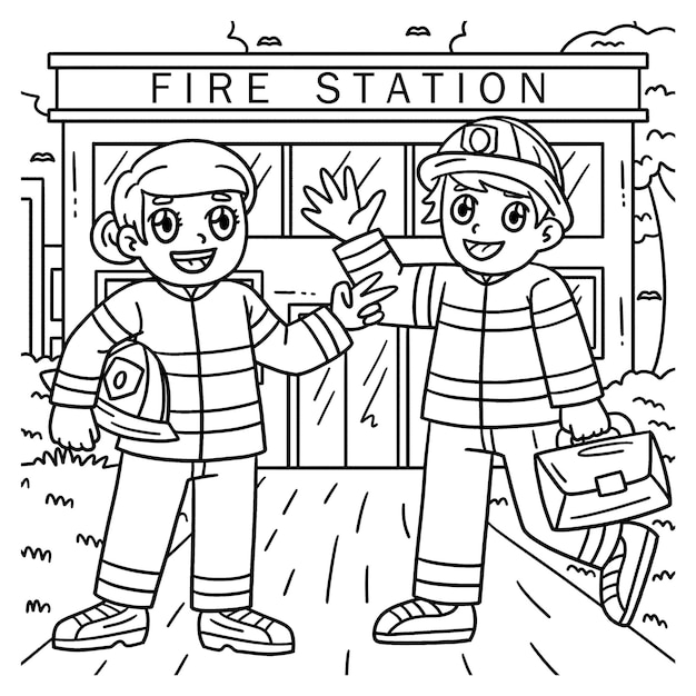 Premium vector a cute and funny coloring page of firefighter friends provides hours of coloring fun for children to color this page is very easy suitable for little kids and toddlers
