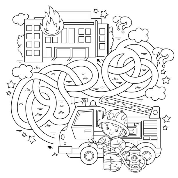 Maze or labyrinth game puzzle tangled road coloring page outline of cartoon fireman or firefighter with fire truck fire fighting coloring book for kids stock illustration