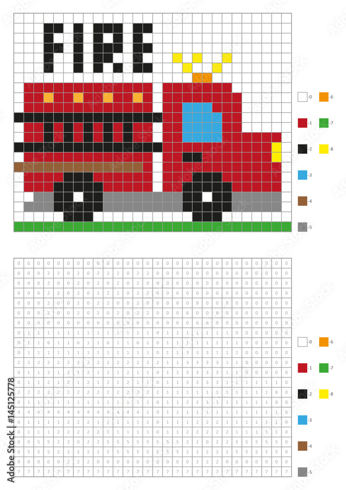 Coloring book with numbered squares kids coloring page pixel coloring fire truck vector illustration vector