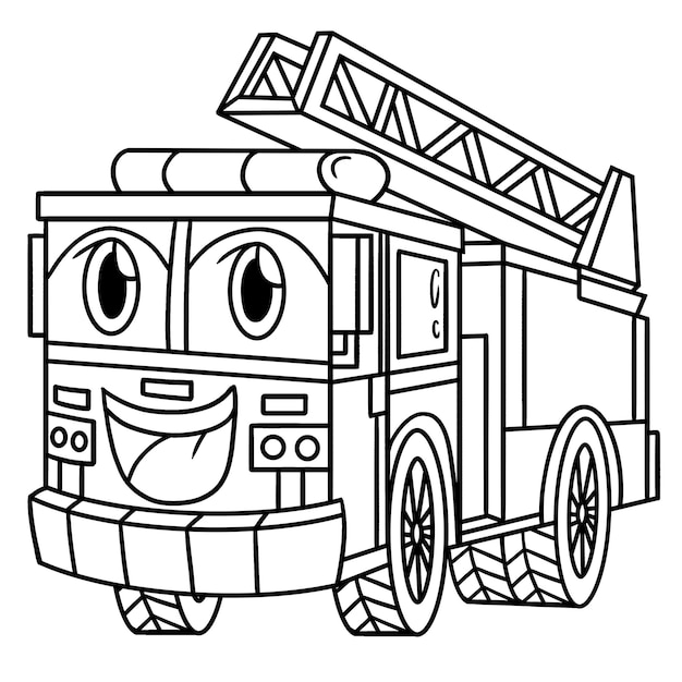 Premium vector firetruck with face vehicle coloring page for kids