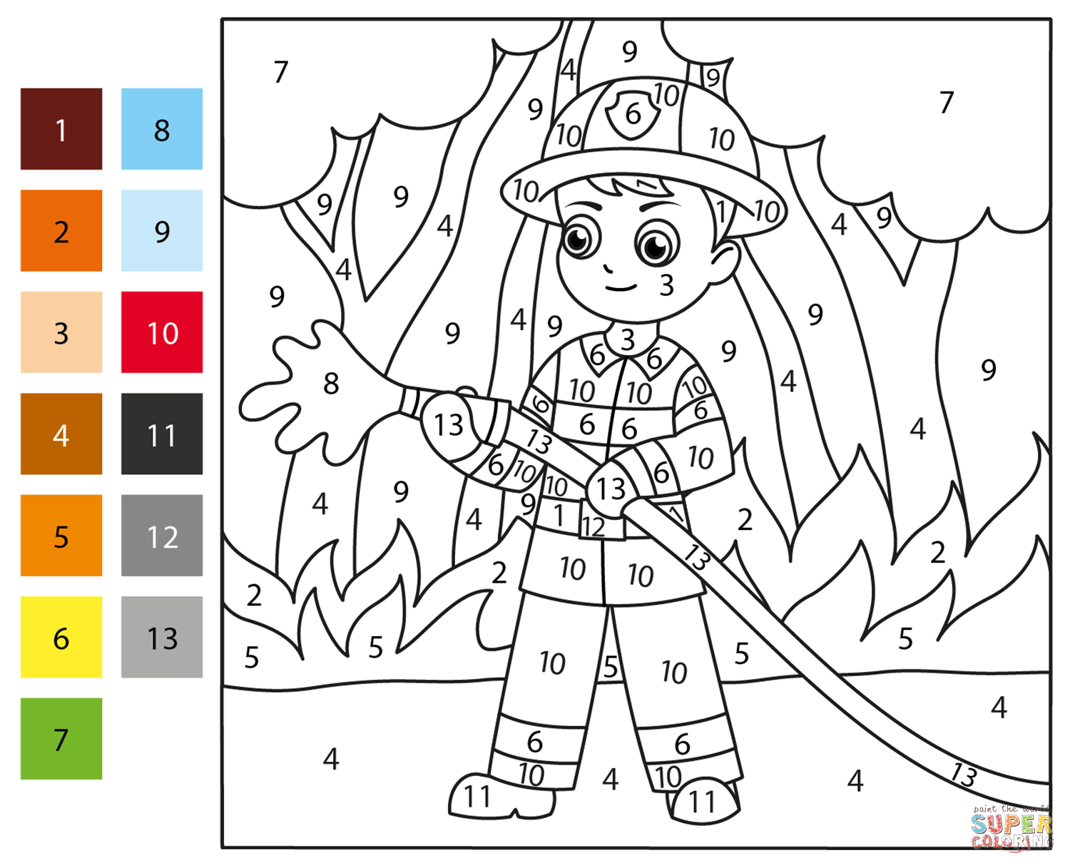 Firefighter color by number free printable coloring pages