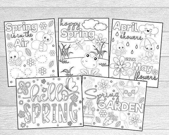 Printable spring coloring pages for kids or adults instant digital download first day of spring spring garden hoppy spring coloring