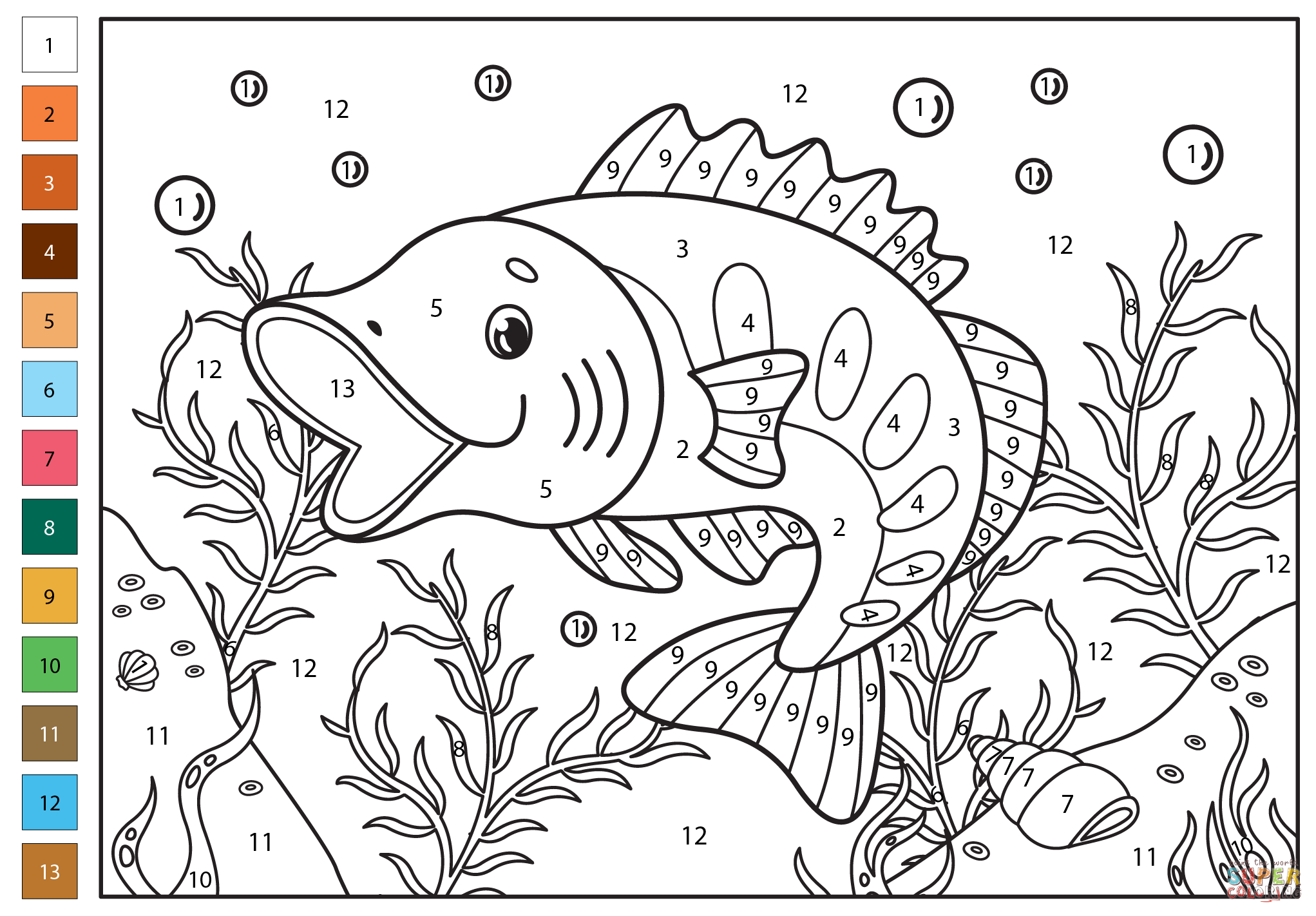 Largemouth bass color by number free printable coloring pages