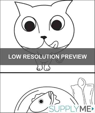 Cat eyeing a plate of fish printable coloring page for kids â