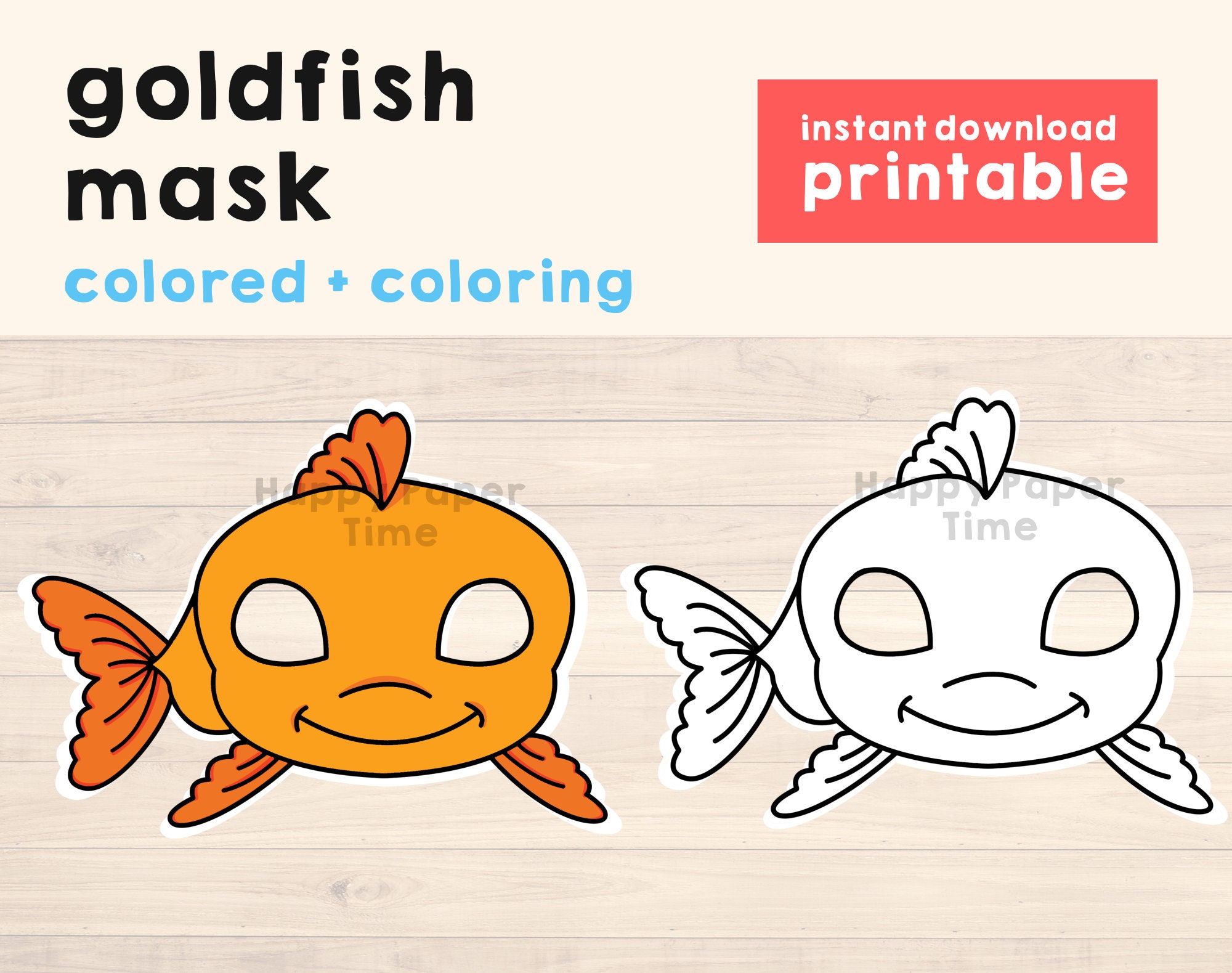 Goldfish mask paper fish pet animal mask party favor pet printable costume coloring craft kids template