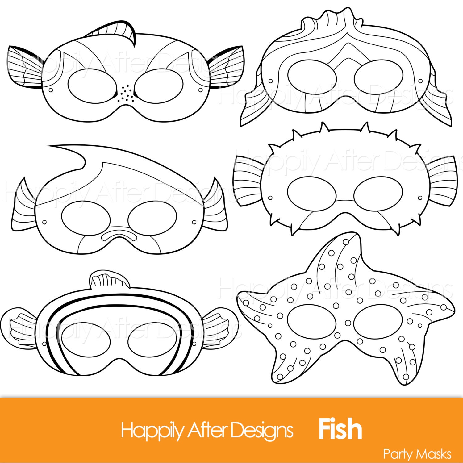 Fish printable coloring masks clownfish mask blue tang starfish pufferfish fish party moorish idol fish costume masks coloring page instant download