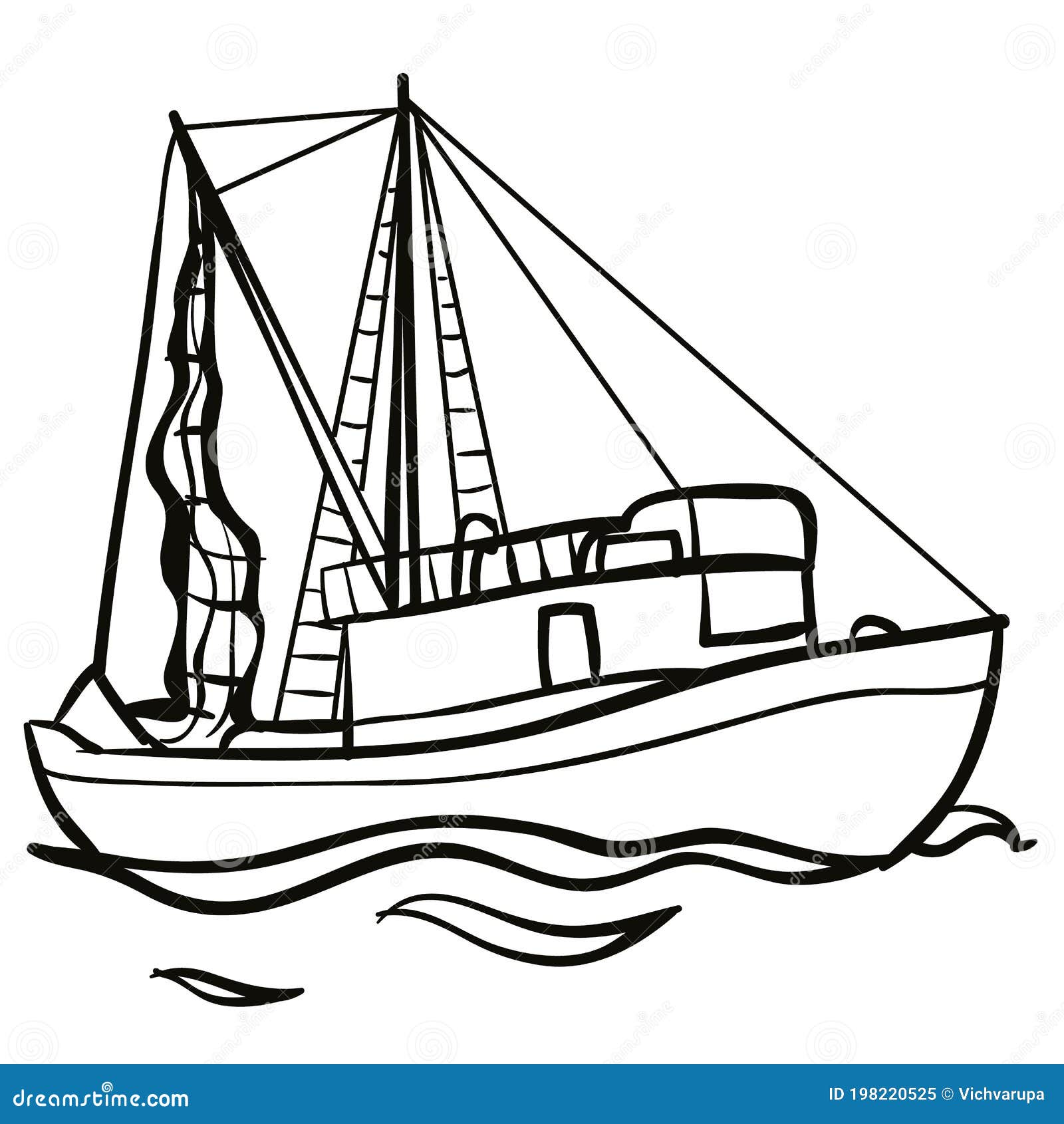 Sketch fishing boat coloring book cartoon illustration isolated object on white background vector illustration stock vector