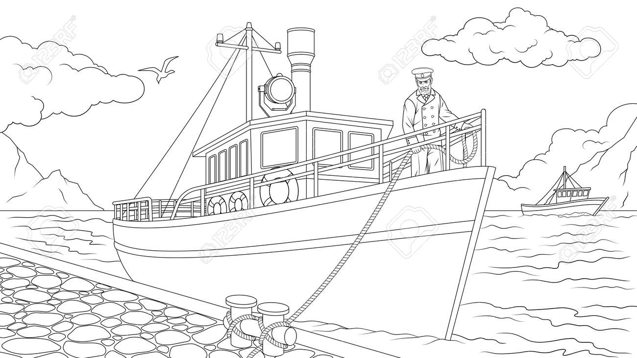 Vector illustration fishing boat at the pier coloring book royalty free svg cliparts vectors and stock illustration image