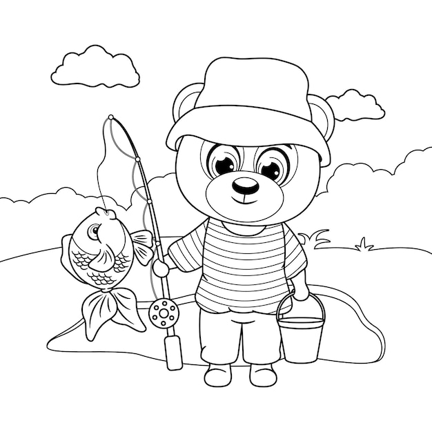Premium vector coloring page a bear with a fishing rod a bucket and a fish by the pond