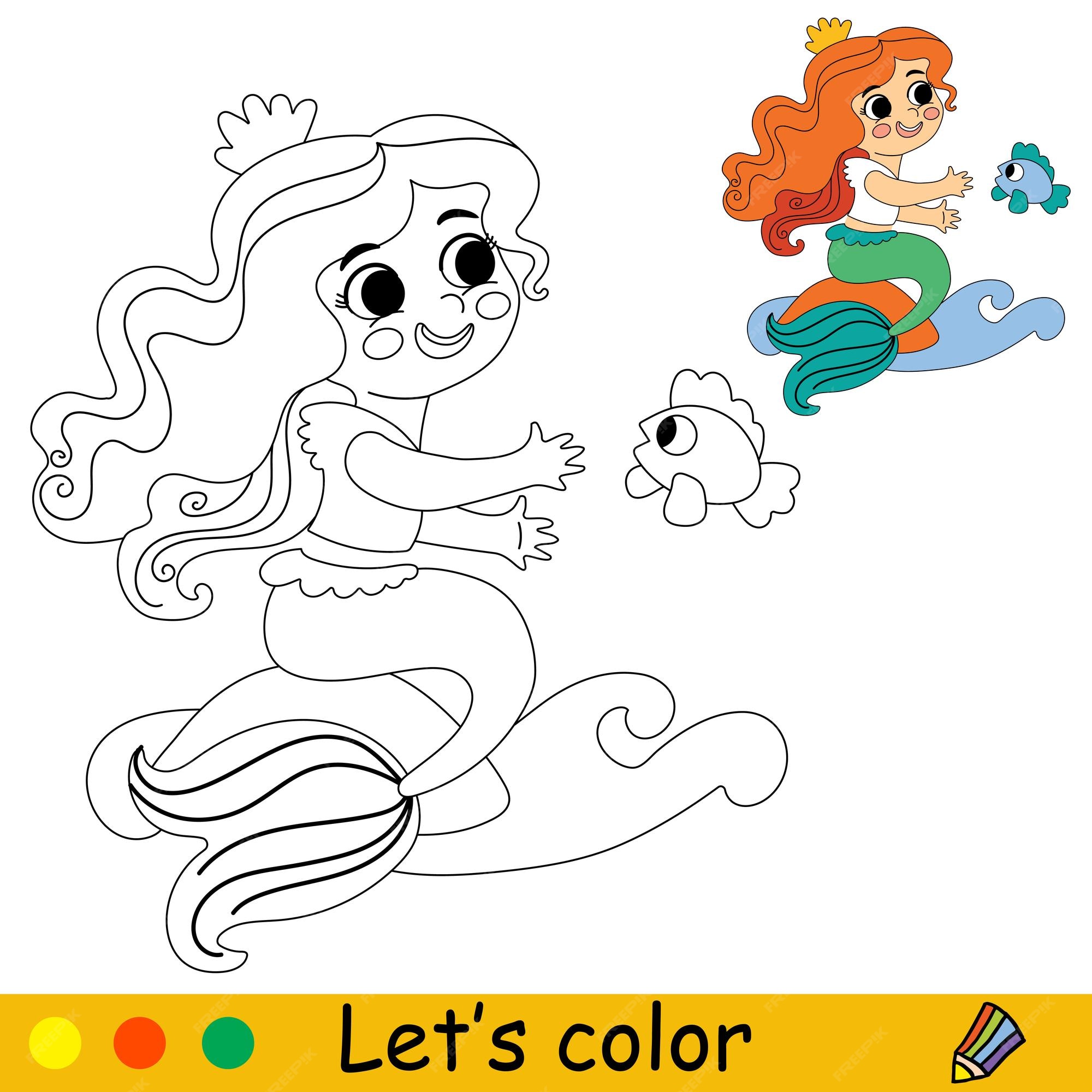 Premium vector cute and happy little mermaid and a fish vector cartoon black and white illustration kids coloring page with a color sample for print design poster sticker card decoration and