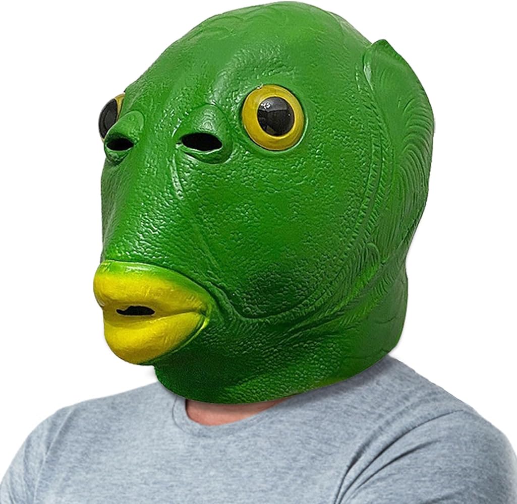 Demi sharky cute funny green fish mask adult latex animal full head mask halloween costume cosplay party props clothing shoes jewelry