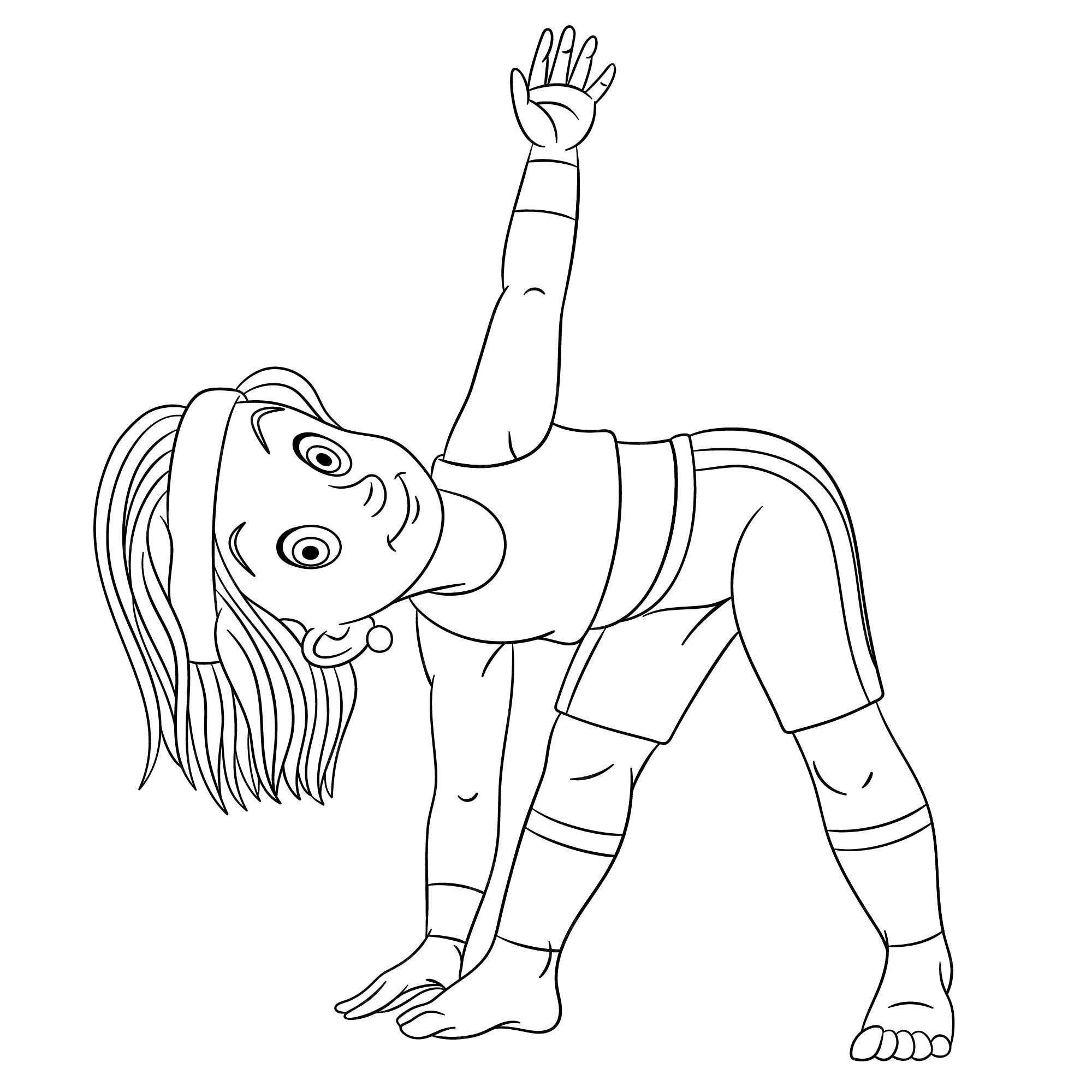 Premium vector cute girl yoga or fitness stretching cartoon coloring book page for kids